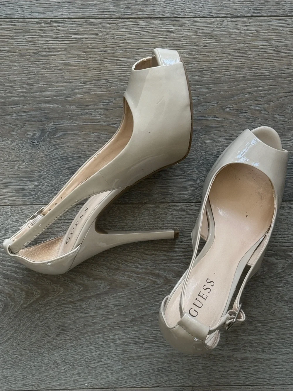 GUESS Nude Patent Slingback Peep Toe 4 3/4” Platform Heels- 8 1/2 M